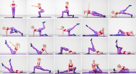 Collage of young woman doing different exercises on light wall background. Legs workout tutorial