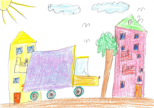 Child's drawing. Car, tree and house