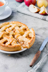 Popular American apple pie on gray table. Homemade classical friut tart. Copy space