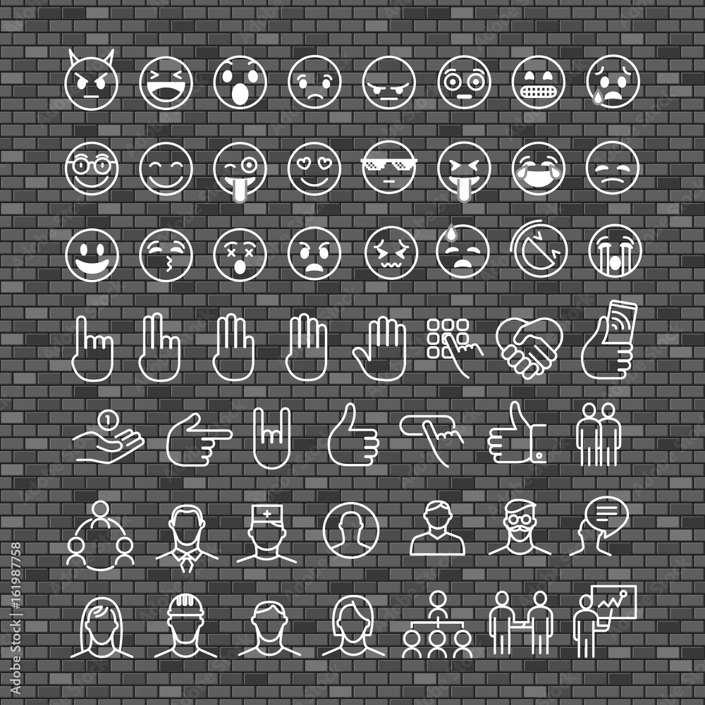 Poster Different thin line Emoticons vector collection. Different Emoji set on brick pattern