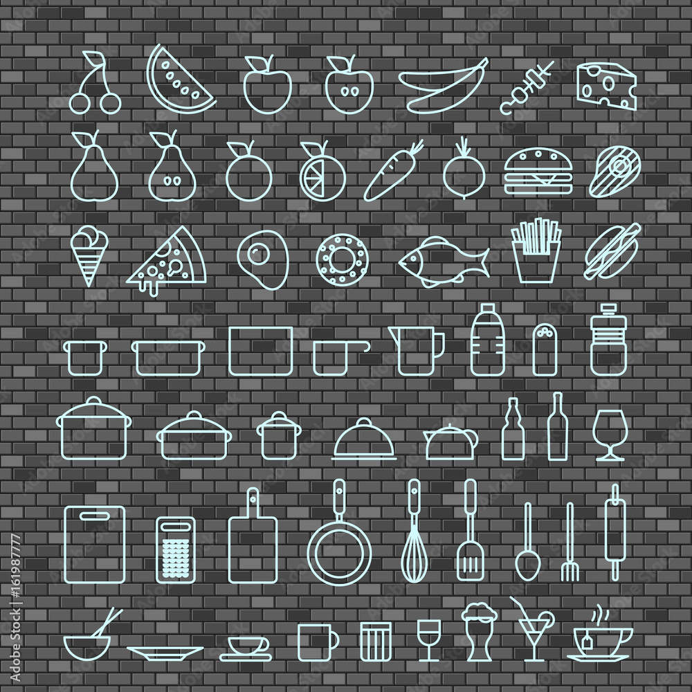 Poster different thin line cook and food vector collection. different silhouettes set on brick pattern