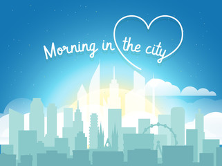 Modern cityscape in the morning vector illustartion. Office builngs houses and scyscrapers