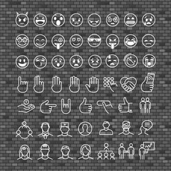 Different thin line Emoticons vector collection. Different Emoji set on brick pattern