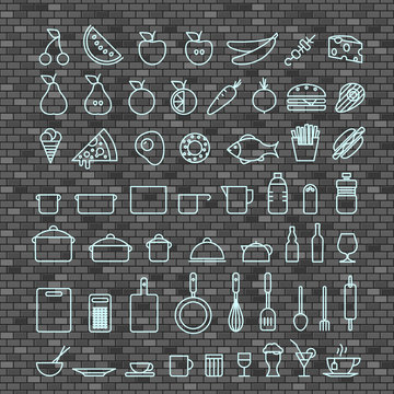 Different thin line cook and food vector collection. Different silhouettes set on brick pattern