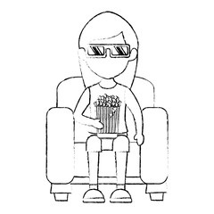 woman on sofa eating pop corn vector illustration design
