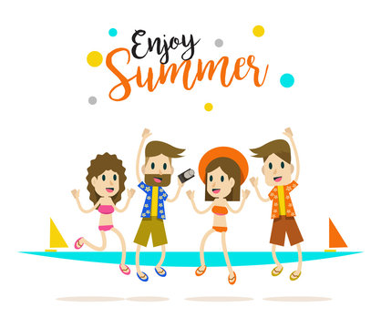 Happy group of people jumping on the beach. The concept of friendship,summer, vacation. flat character design. vector illustration