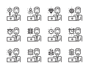 Worker man with laptop outline icon set. Time and management  concept. Modern minimalistic style. Pixel perfect thin line icons design. vector illustration