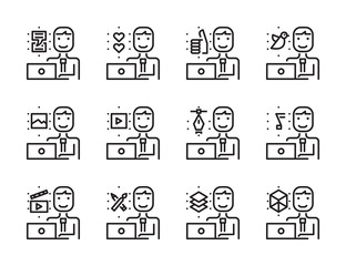 Worker man with laptop outline icon set. Creative work and social media. Modern minimalistic style. Pixel perfect thin line icons design. vector illustration