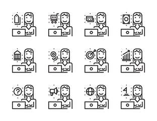 Worker woman with laptop outline icon set. Online Marketing, shopping online, Banking online concept. Modern minimalistic style. Pixel perfect thin line icons design. vector illustration