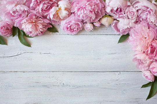 Pink flowers peonies and roses on a white wooden background, space for greeting text