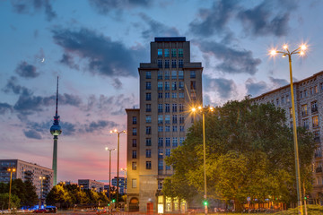 Sunset at the Strausberger Platz in Berlin with the Television Tower