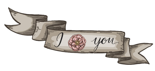 Kraft ribbon with I LOVE YOU lettering and wildflower. Isolated on white background. Vector illustration