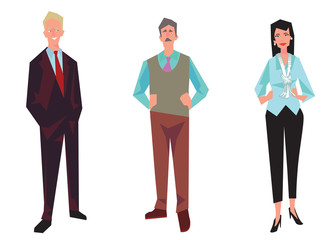 Three office workers, employees, managers. Two men and a woman. Business people in office clothes. Isolated on white. Business Icons. Business design. Vector illustration.