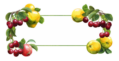 cartoon scene with beautiful and colorful apples and cherries frame on white background 