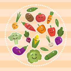 Cartoon vegetables with faces bright colored flat set, isolated icons with outline on striped background in frame