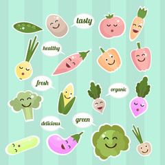 Cartoon vegetables with faces light colored flat set, isolated icons with outline on blue background with inscriptions