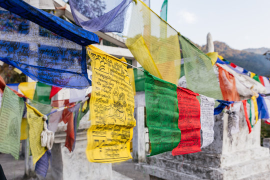 Tibetan Buddhist Prayer Flag include red, green, yellow, blue and white colors in North Sikkim, India.