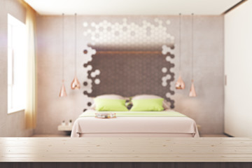 Abstract bedroom with wooden surface