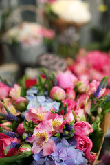 Colorful blooming bouquet of flowers in shop, closeup