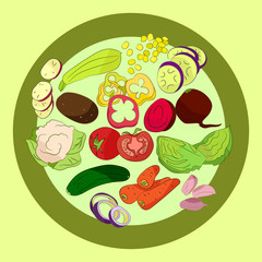 Vegetables in circle frame on green background