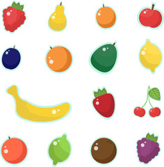 Cartoon fruits stickers with outline isolated. Bright colored fruits 