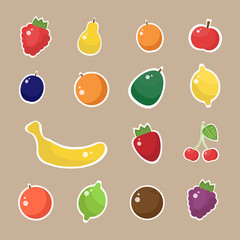 Cartoon fruits stickers with outline isolated. Bright colored fruits on brown background
