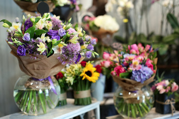 Colorful blooming bouquet of flowers in shop