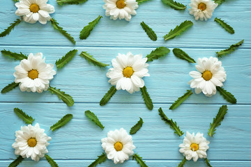 Obraz premium Composition with beautiful chamomile flowers on color wooden background