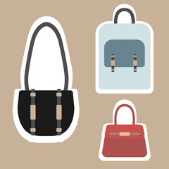 Female handbags with white outline isolated on brown background. Stickers style black, blue, red bag