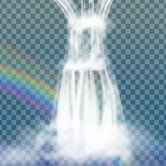 Realistic vector waterfall with clear water, rainbow and bubbles. Natural element for design landscape images. Isolated on transparent background.