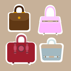 Female handbags with white outline isolated on brown background. Stickers style brown, red, pink, blue bag