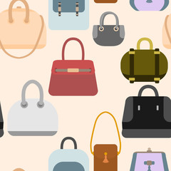 Seamless pattern of fashion handbags. Trendy female bags in on light background