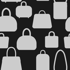 Seamless pattern of fashion handbags. Trendy female bags in shadow on black background