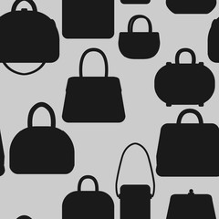 Seamless pattern of fashion handbags. Trendy female bags in shadow on grey background