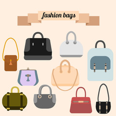 Set of fashion handbags. Trendy female bags iflat art style isolated on light background