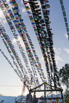 Tibetan Buddhist Prayer Flag include red, green, yellow, blue and white colors in North Sikkim, India.