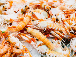 Fresh Shrimps Seafood On Ice In Fish Market