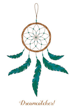 American Indians amulet. Dream catcher with feathers and beads on a white background. Boho style