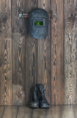 Helmet of welder, welding mask, working boots