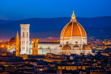 Obraz premium Cathedral Santa Maria del Fiore at sunset, Florence, Italy. Florence landmark and architecture from Renaissance. Florence Cathedral is one of the main attractions of Florence and Italy