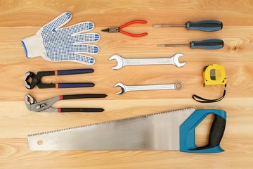 Various tools for handmade on a wooden board