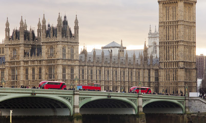 London city with bridge and traffic, Westminster Abbey in background