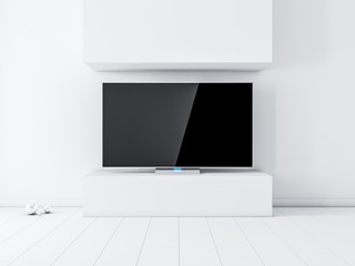 Flat Smart Tv Set with blank screen Mockup on stand, white interior. 3d rendering