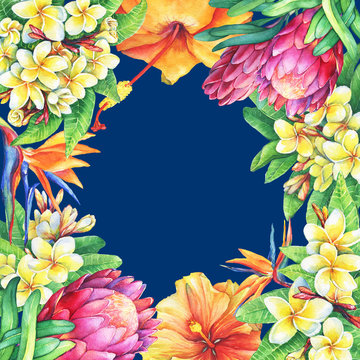 Square frame with branches purple protea, plumeria, strelitzia and hibiscus tropical flowers. Watercolor hand drawn painting illustration on blue background. Element for posters, greeting cards.