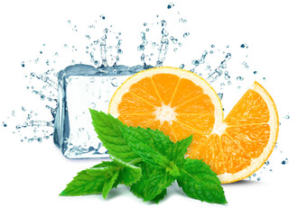 Orange, ice cubes splash isolated on white