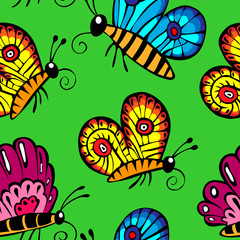 multicolored butterflies. Seamless pattern on a green background