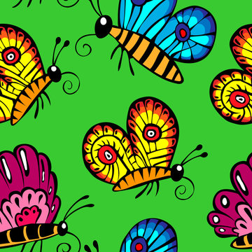 multicolored butterflies. Seamless pattern on a green background