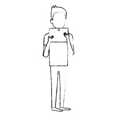 young man using tablet avatar character vector illustration design
