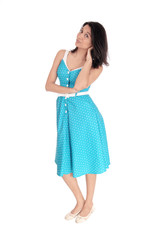 Beautiful Hispanic woman in blue dress.