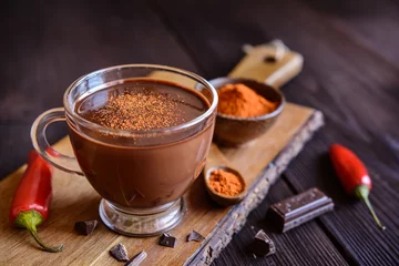 Foto op Plexiglas Chocolade Warme chocolademelk met rode chilipeper